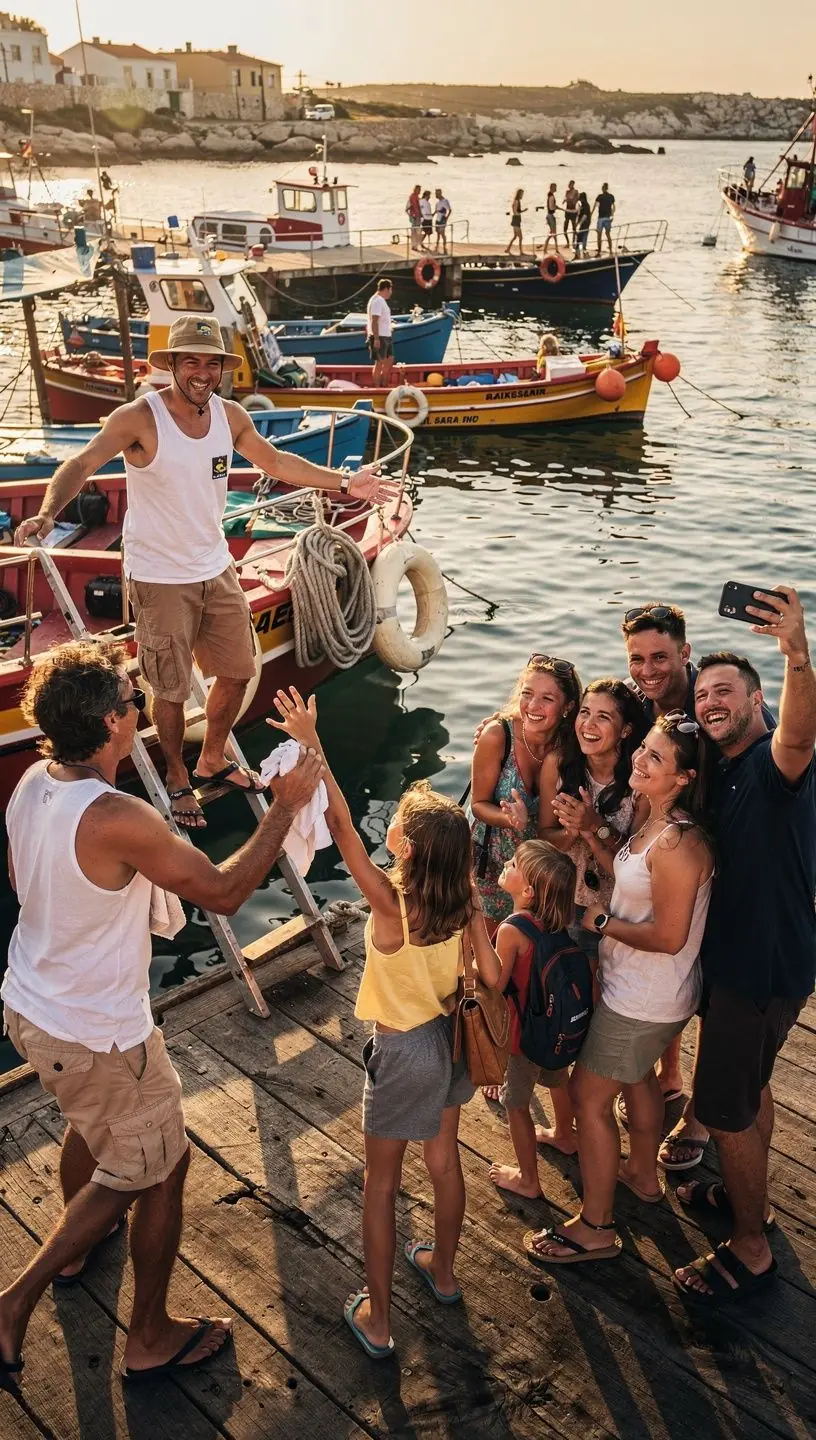 Local guide assisting tourists on a boat tour.