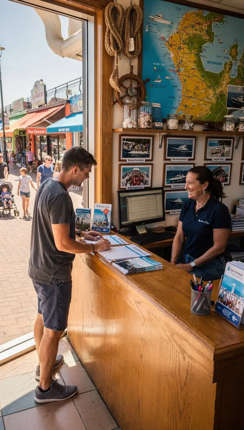 Guided boat tour booking office with customers